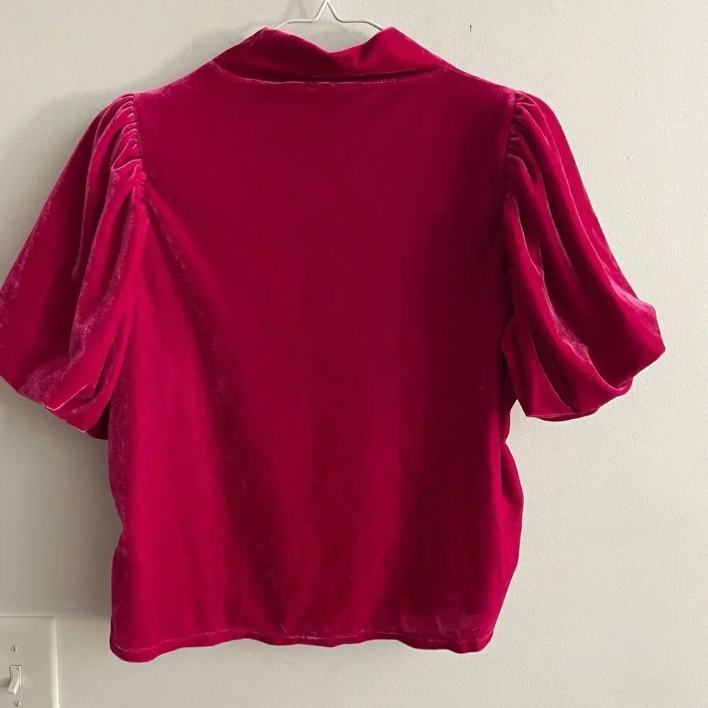 Free People Hot Pink Velvet Puff Sleeve Mock Neck Tee Women Small Luxe Romantic